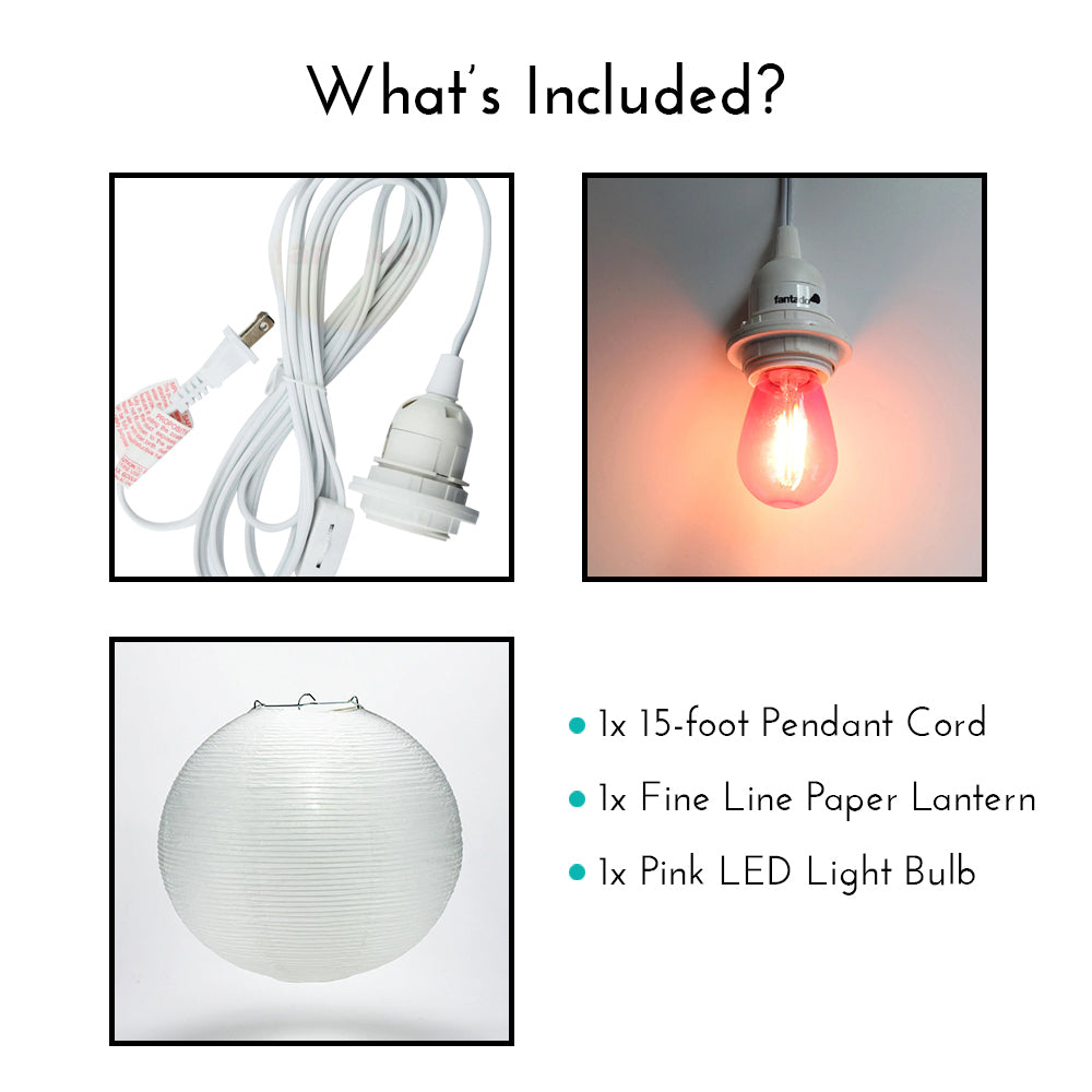 Fine Line Premium Paper Lantern Pendant Light Cord Kit with S14 Pink LED Bulb