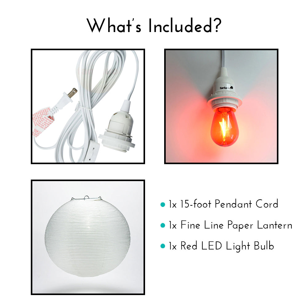 Fine Line Premium Paper Lantern Pendant Light Cord Kit with S14 Red LED Bulb