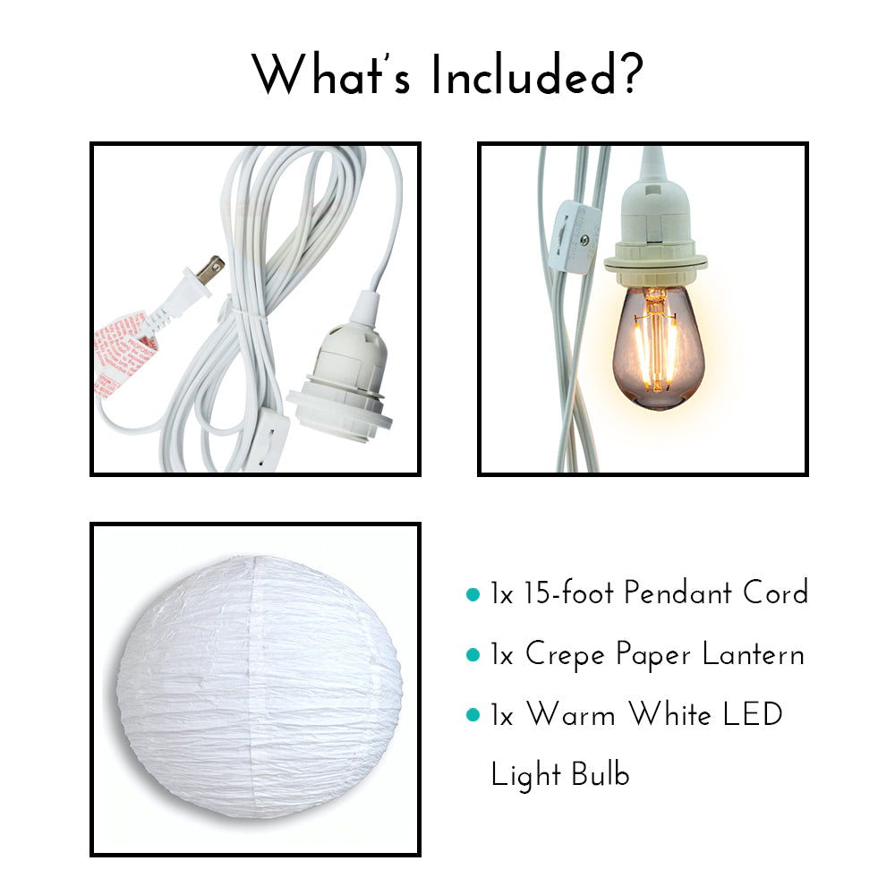 Crepe Premium Paper Lantern Pendant Cord Kit with S14 Warm White LED Bulb