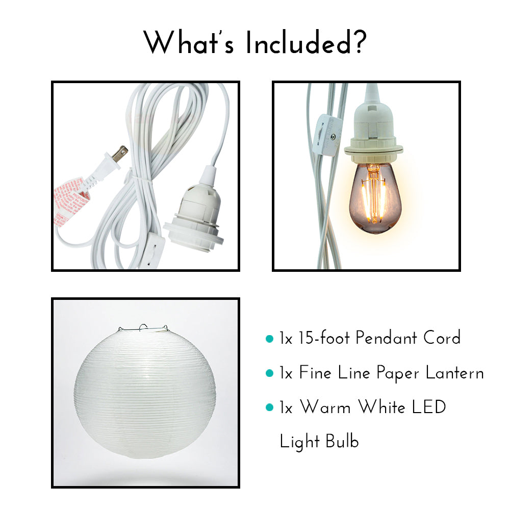 Fine Line Premium Paper Lantern Pendant Light Cord KIT with S14 Warm White LED Bulb