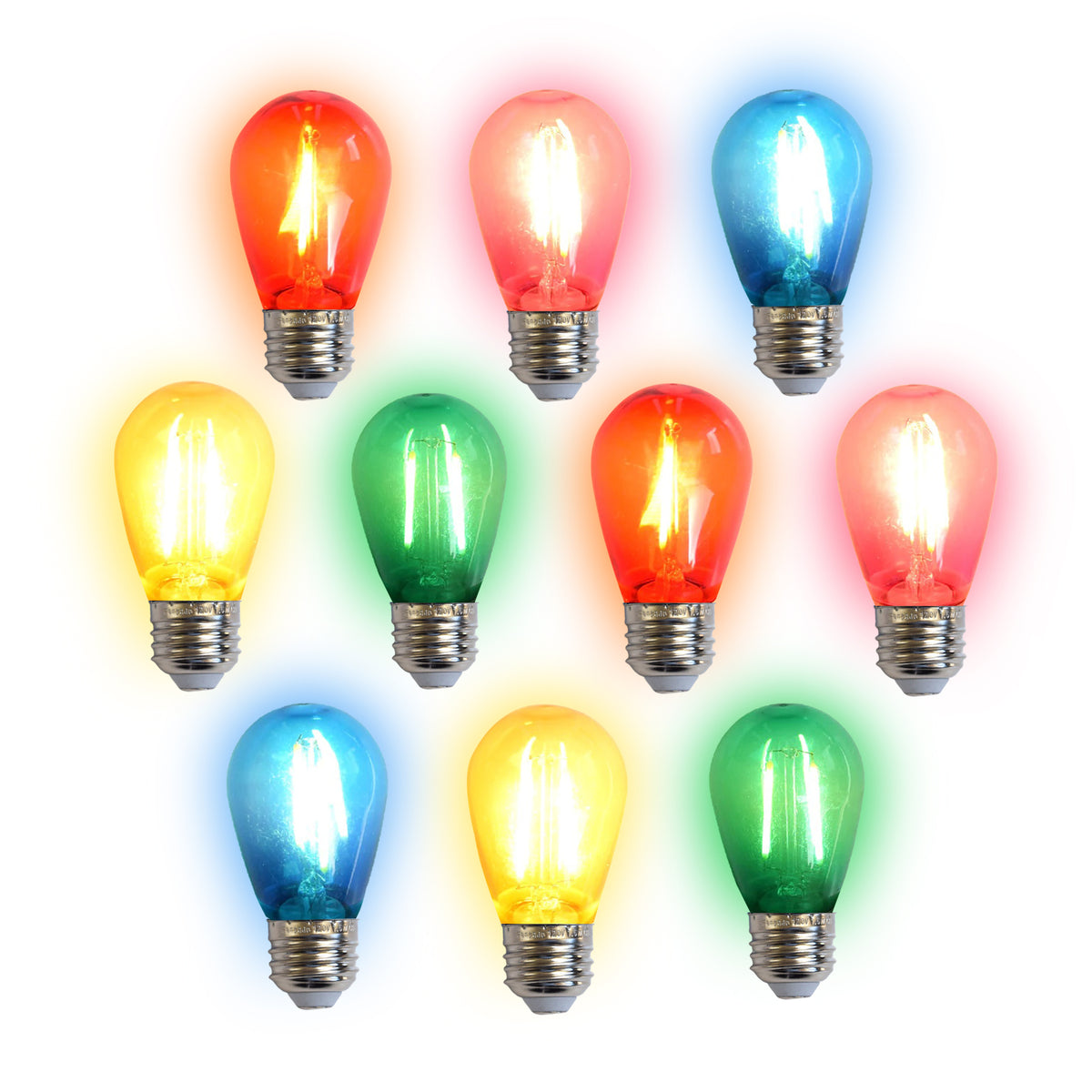 10-PACK Multi-Color LED Filament S14 Shatterproof Energy Saving Color Light Bulb, Dimmable, 2W,  E26 Medium Base