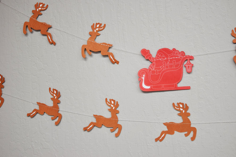 Red / Brown Santa&#39;s Reindeer Sleigh Christmas Holiday Party Paper Garland Banner (11FT) - PaperLanternStore.com - Paper Lanterns, Decor, Party Lights &amp; More