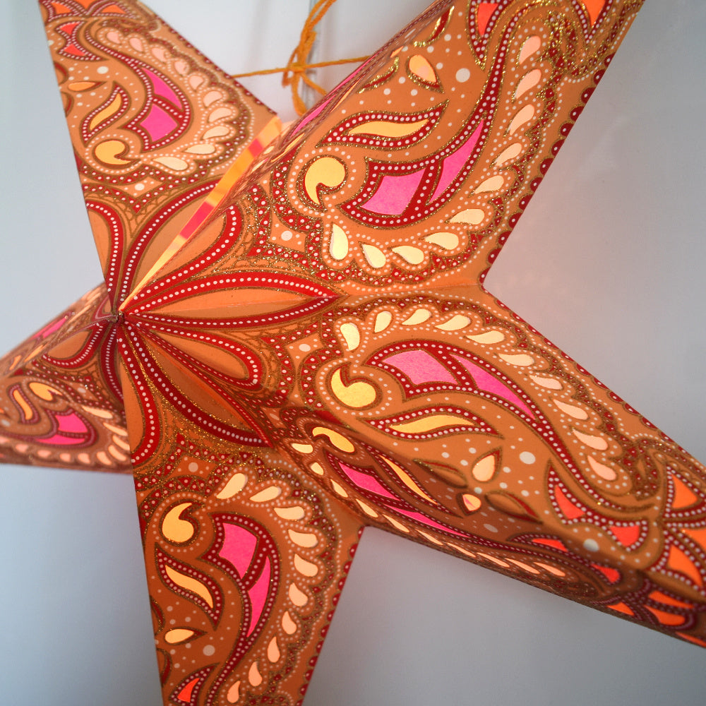 3-PACK 24&quot; Orange Alaskan Glitter Paper Star Lantern, with LED Bulbs and Lamp Cord Light Included