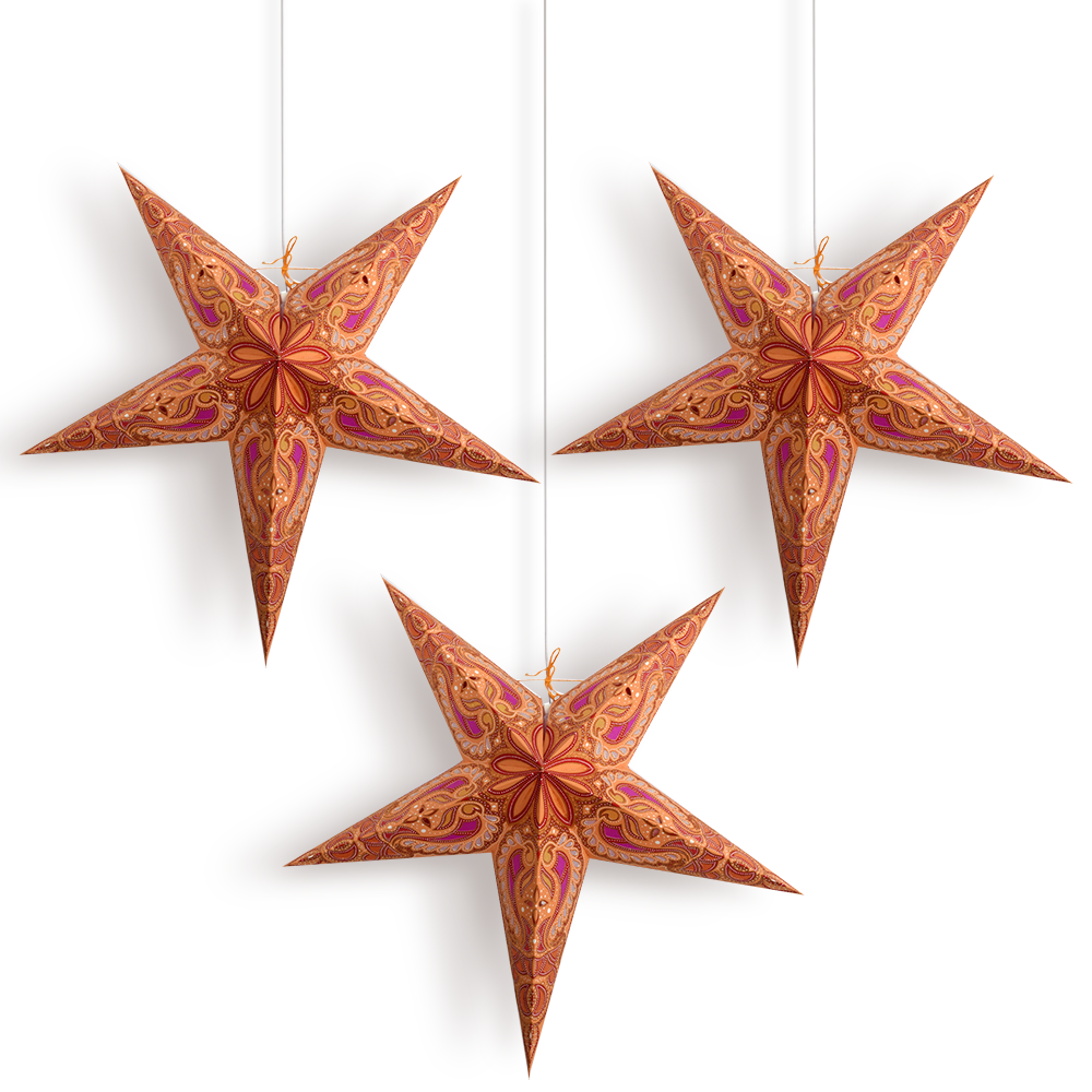 3-PACK + CORD + BULBS | 24&quot; Orange Alaskan Glitter Paper Star Lantern and Lamp Cord Hanging Decoration