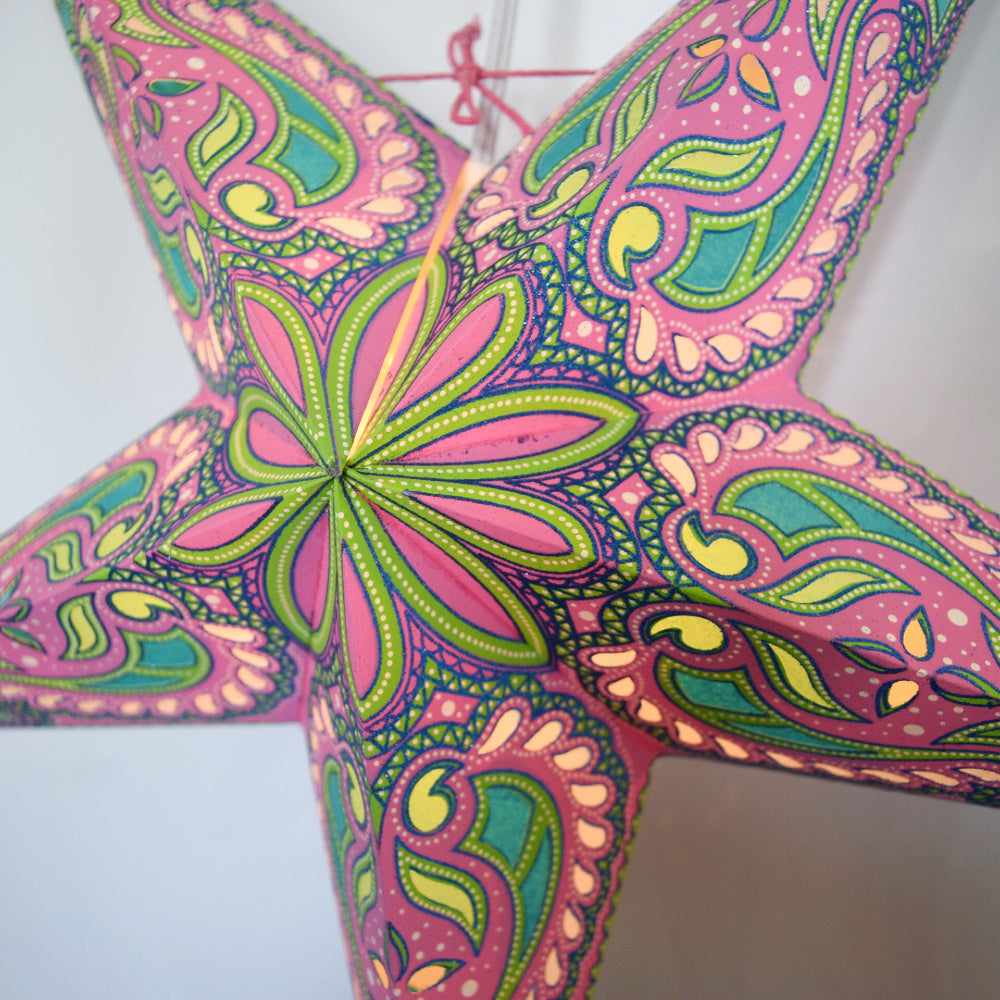 3-PACK 24&quot; Pink Green Alaskan Glitter Paper Star Lantern, with LED Bulbs and Lamp Cord Light Included