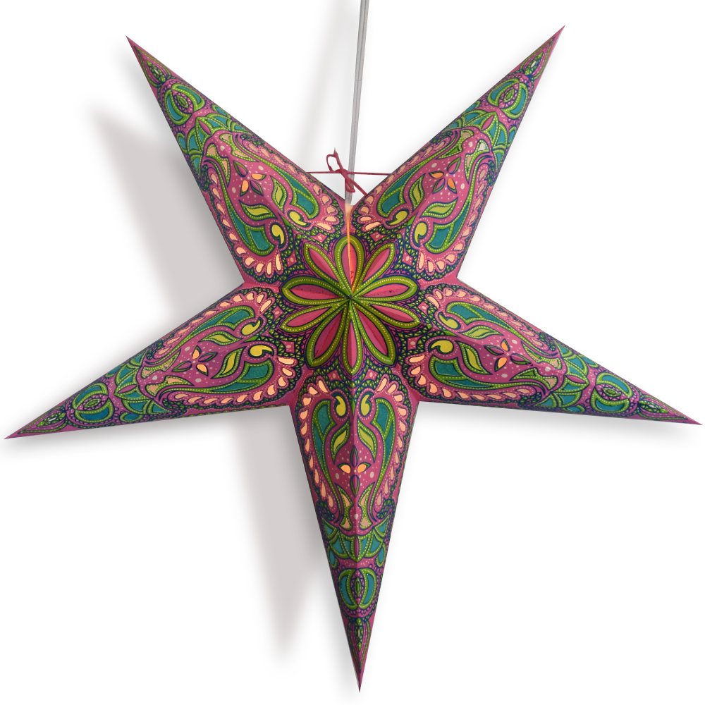 3-PACK 24&quot; Pink Green Alaskan Glitter Paper Star Lantern, with LED Bulbs and Lamp Cord Light Included