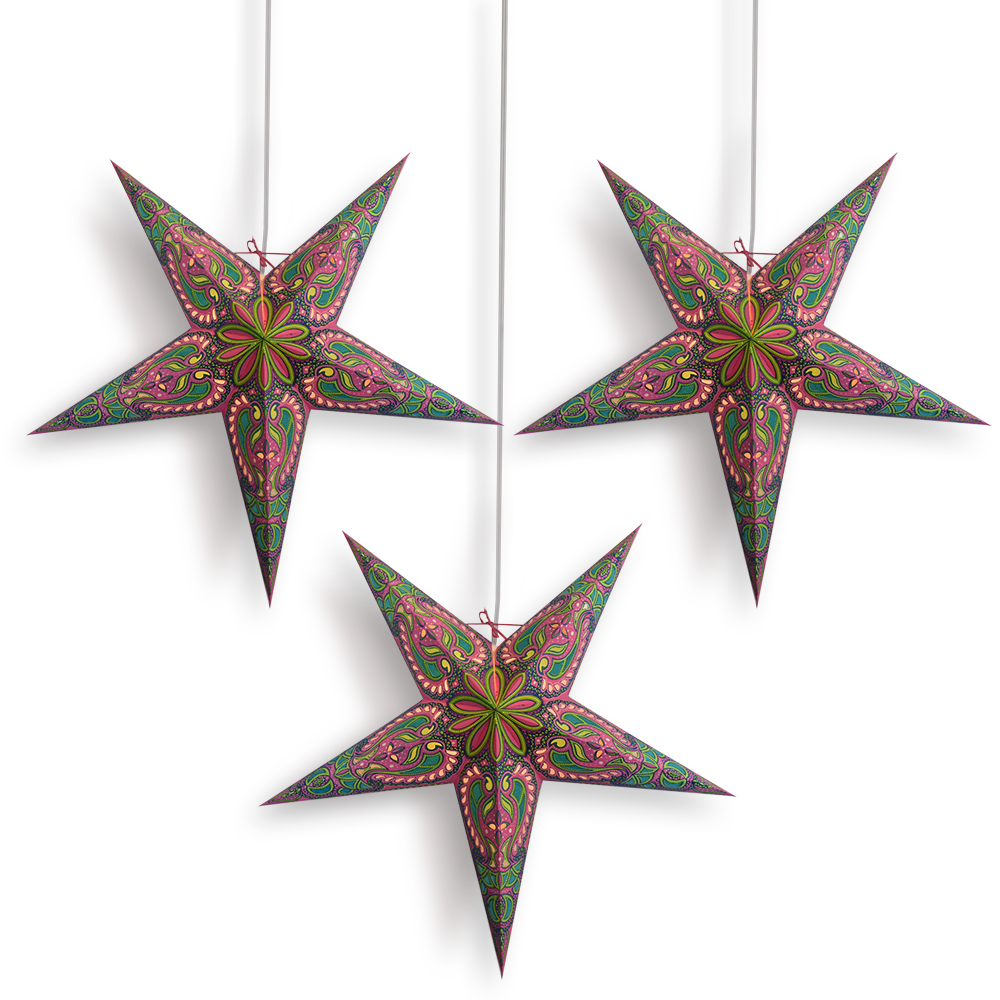 3-PACK + CORD + BULBS | 24" Pink Green Alaskan Glitter Paper Star Lantern and Lamp Cord Hanging Decoration
