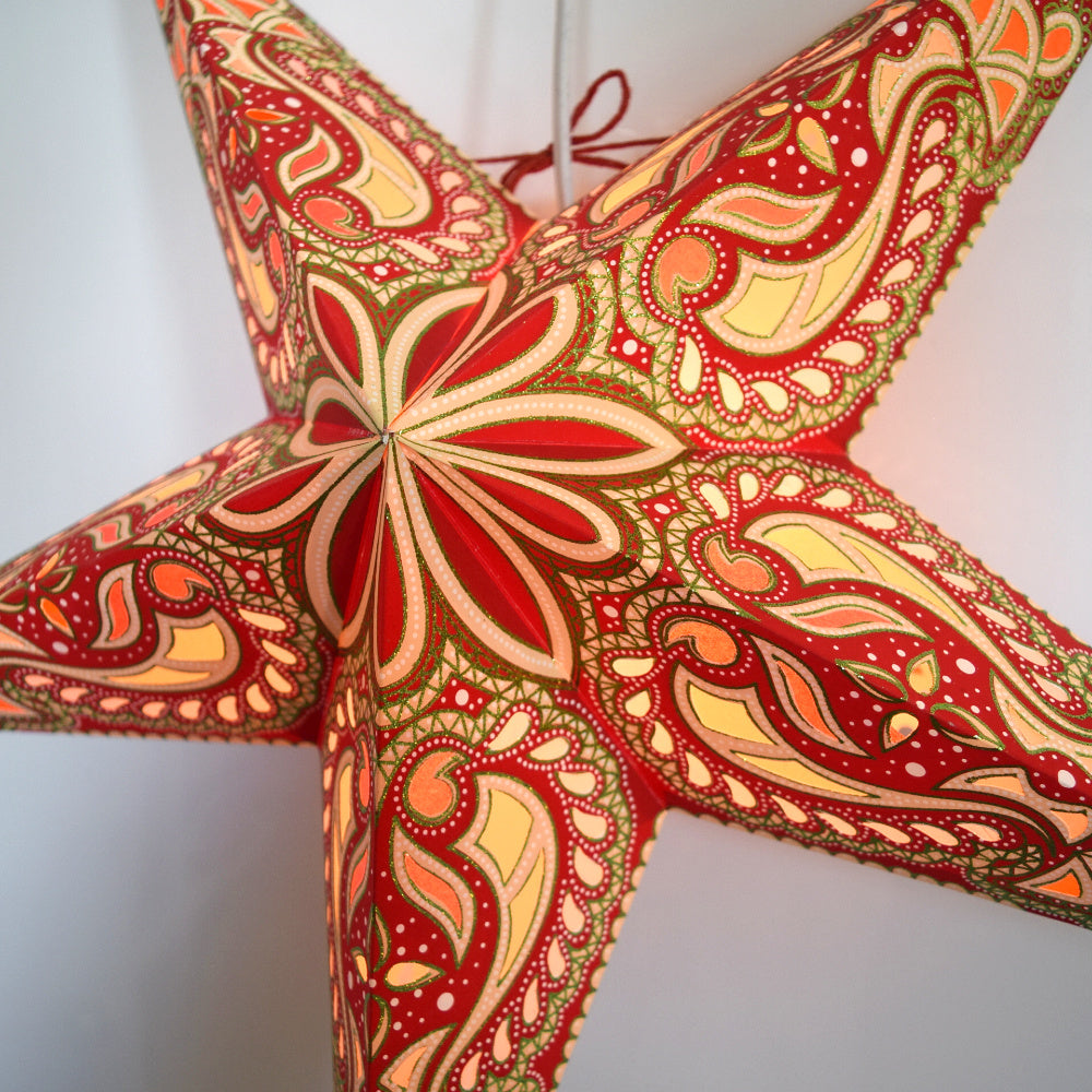 3-PACK 24&quot; Red Green Alaskan Glitter Paper Star Lantern, with LED Bulbs and Lamp Cord Light Included