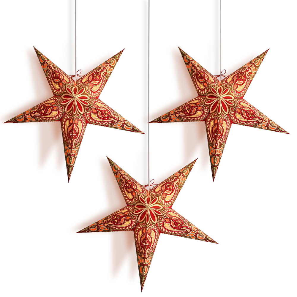 3-PACK + CORD + BULBS | 24" Red Green Alaskan Glitter Paper Star Lantern and Lamp Cord Hanging Decoration