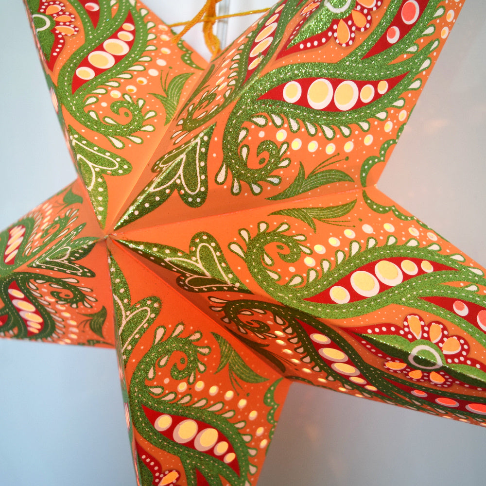 3-PACK 24&quot; Orange Bloom Glitter Paper Star Lantern, with LED Bulbs and Lamp Cord Light Included