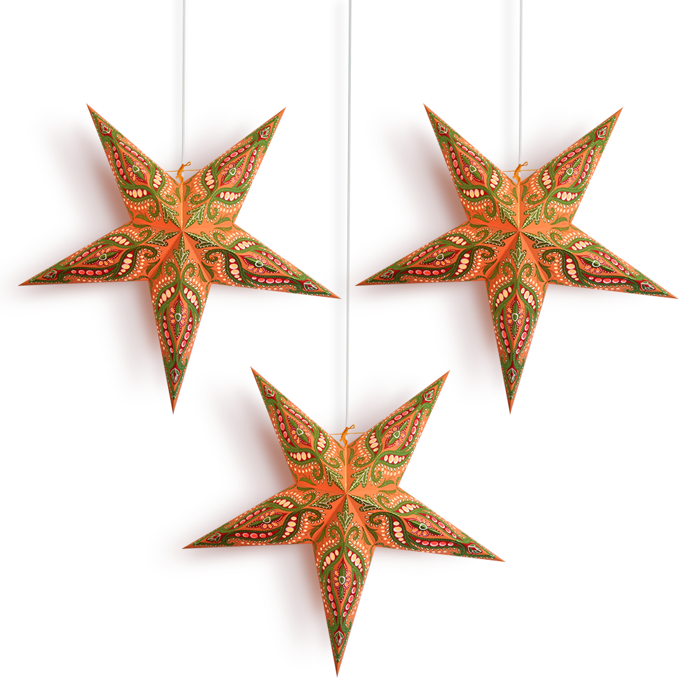 3-PACK + CORD + BULBS | 24&quot; Orange Bloom Glitter Paper Star Lantern and Lamp Cord Hanging Decoration