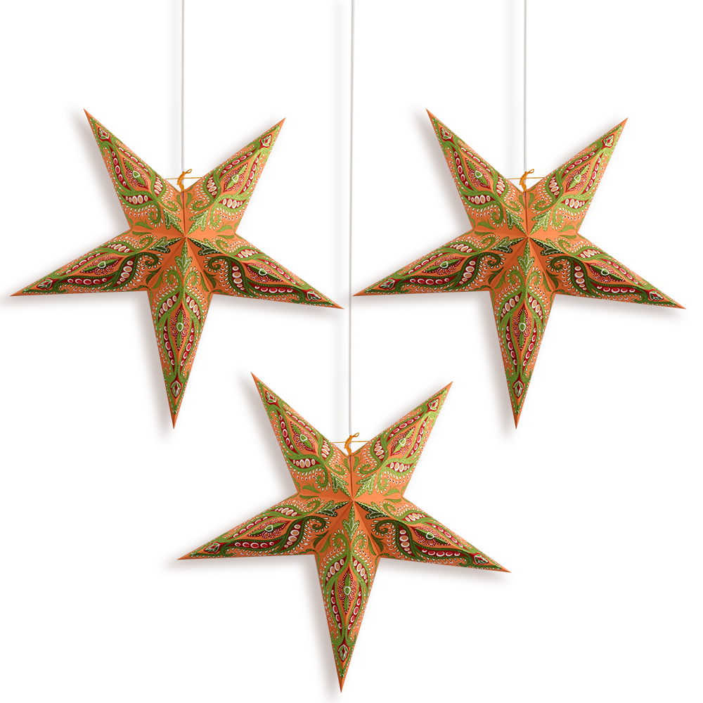 3-PACK 24&quot; Orange Bloom Glitter Paper Star Lantern, with LED Bulbs and Lamp Cord Light Included