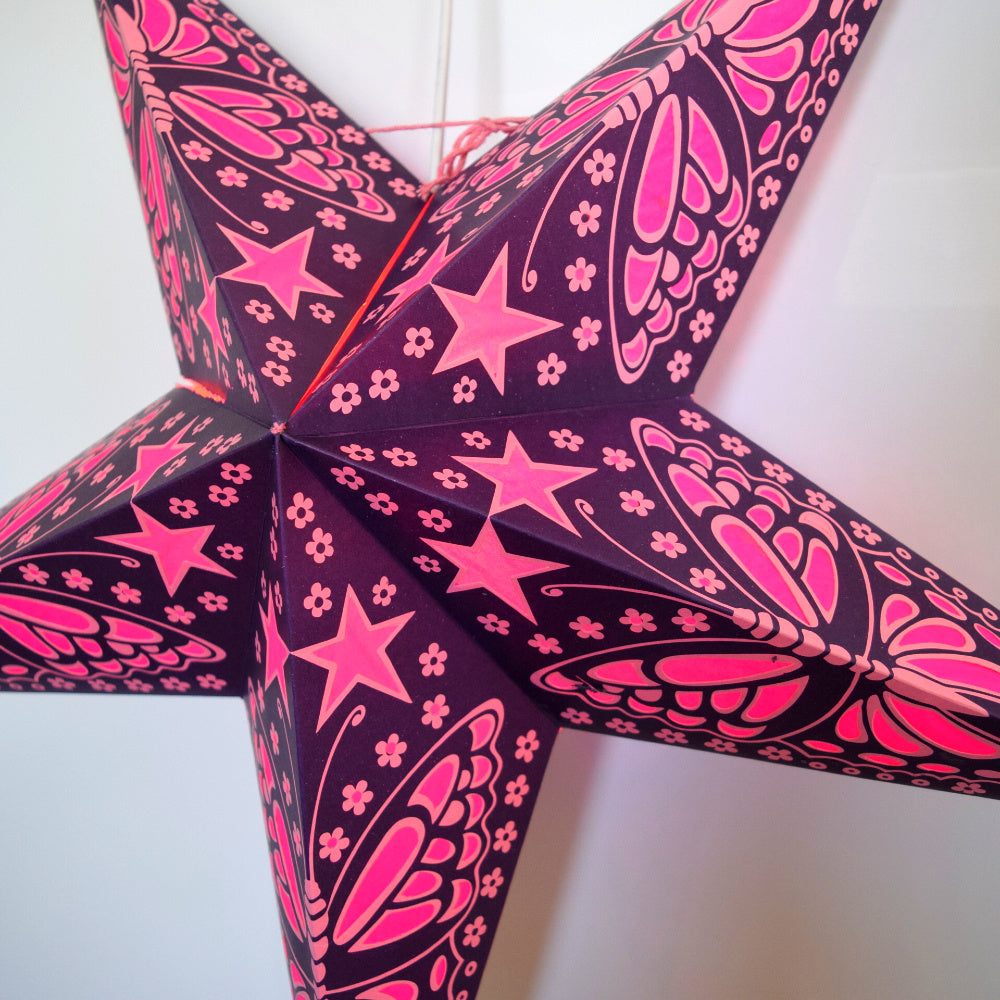 3-PACK 24&quot; Purple Pink Butterfly Paper Star Lantern, with LED Bulbs and Lamp Cord Light Included