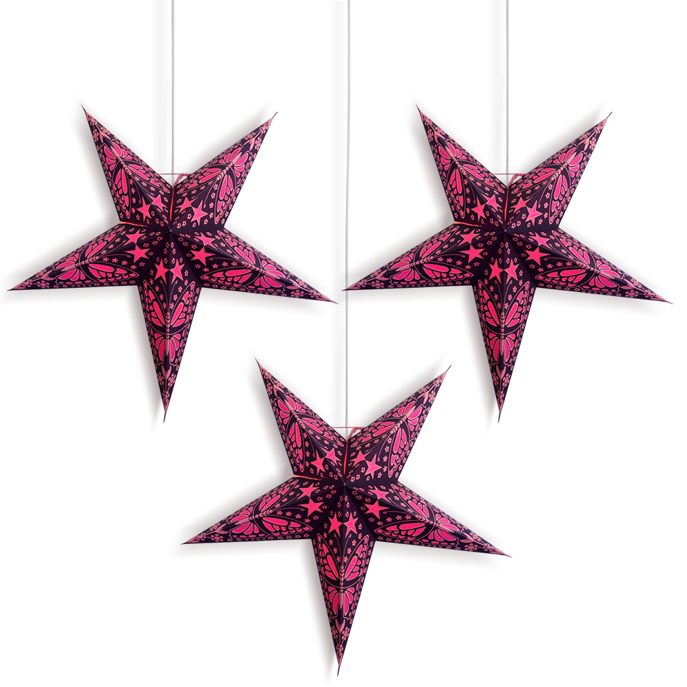 3-PACK + CORD + BULBS | 24&quot; Purple Pink Butterfly Paper Star Lantern and Lamp Cord Hanging Decoration