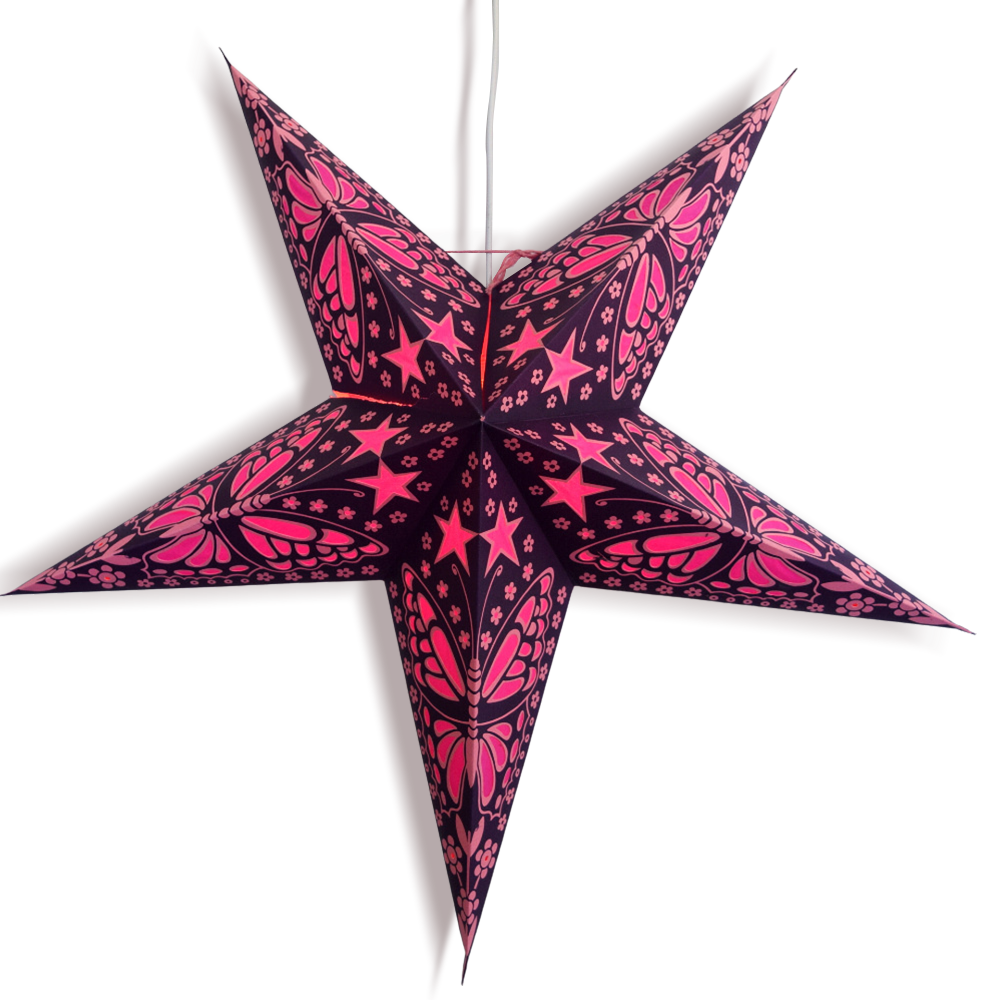 3-PACK 24&quot; Purple Pink Butterfly Paper Star Lantern, with LED Bulbs and Lamp Cord Light Included
