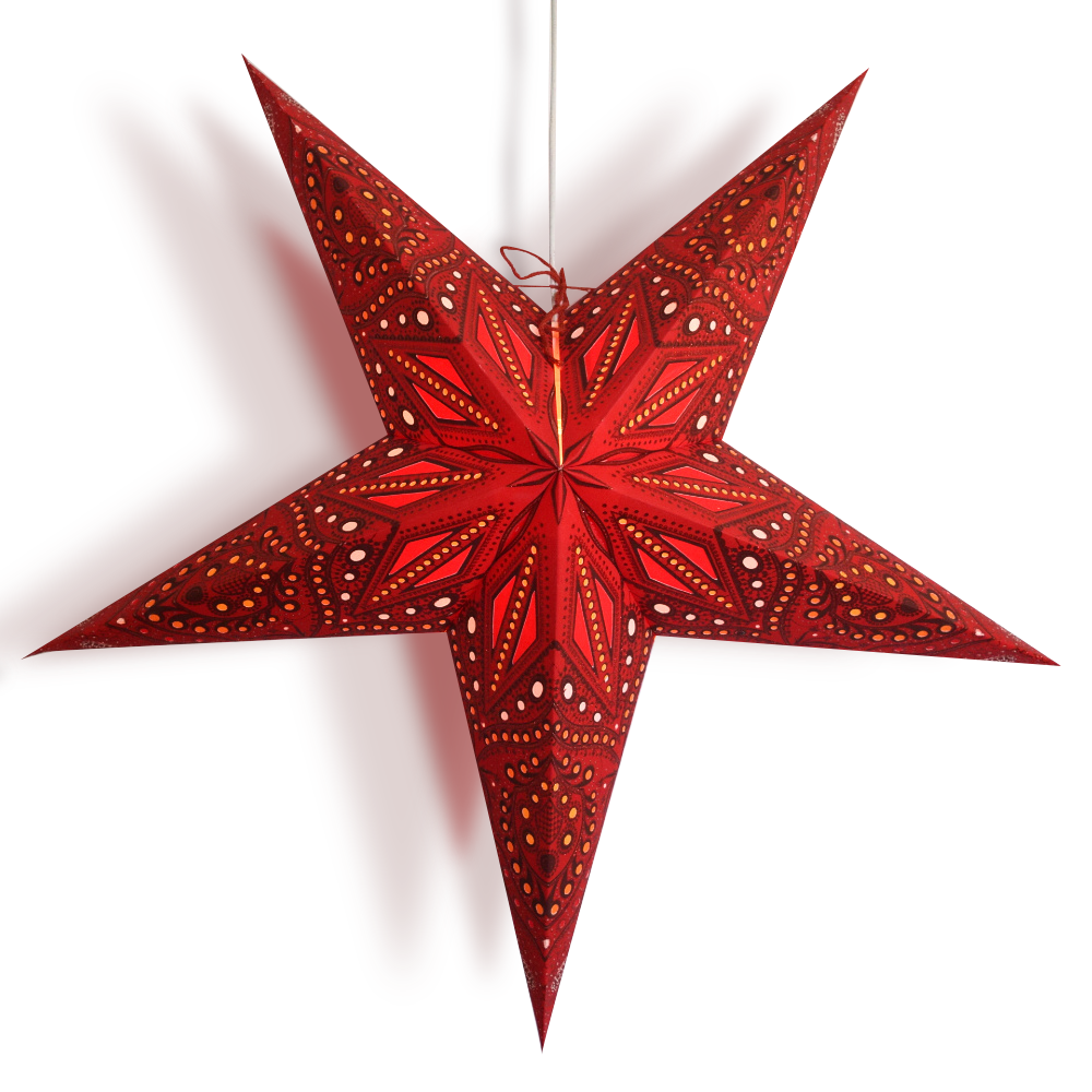 3-PACK 24&quot; Red Crystal Glitter Paper Star Lantern, with LED Bulbs and Lamp Cord Light Included