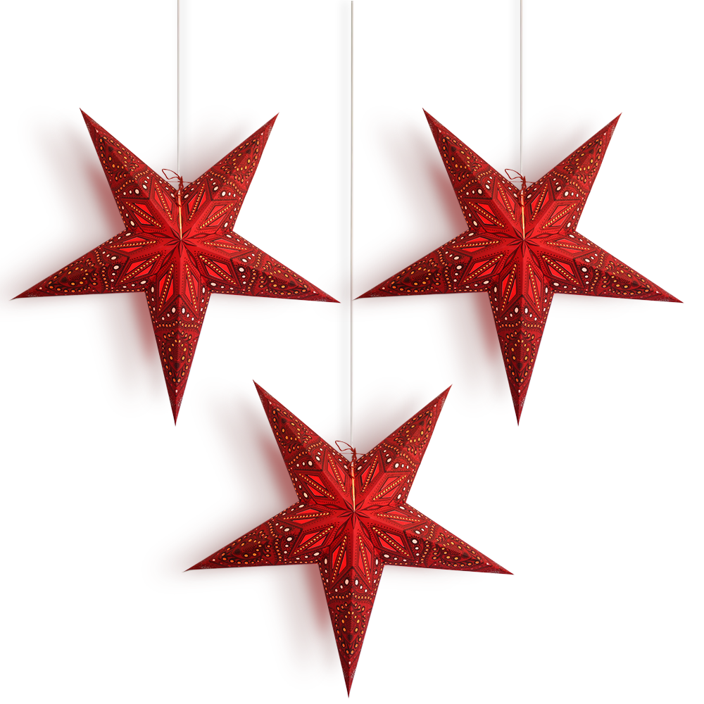 3-PACK + CORD + BULBS | 24&quot; Red Crystal Glitter Paper Star Lantern and Lamp Cord Hanging Decoration