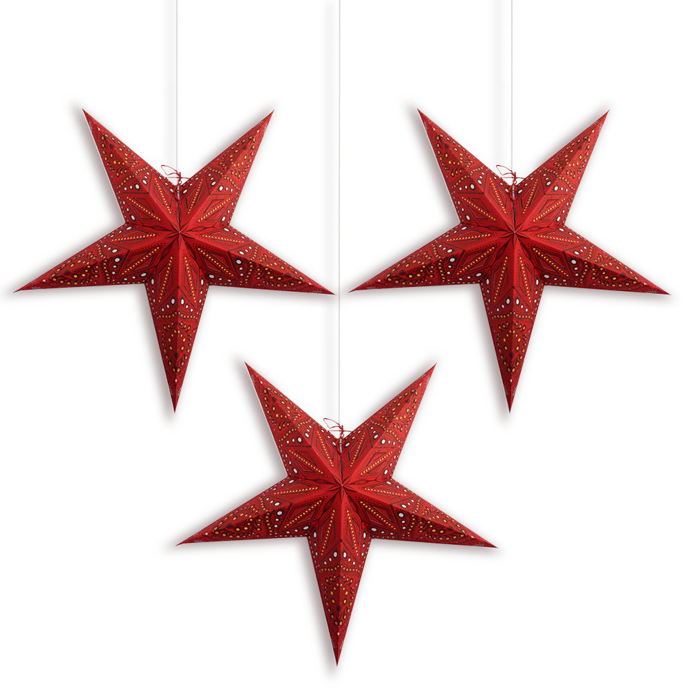 3-PACK 24&quot; Red Crystal Glitter Paper Star Lantern, with LED Bulbs and Lamp Cord Light Included