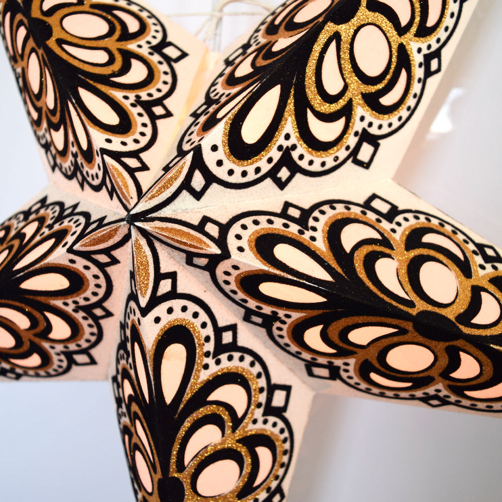 3-PACK 24&quot; White and Black Merry Gold Paper Star Lantern, with LED Bulbs and Lamp Cord Light Included