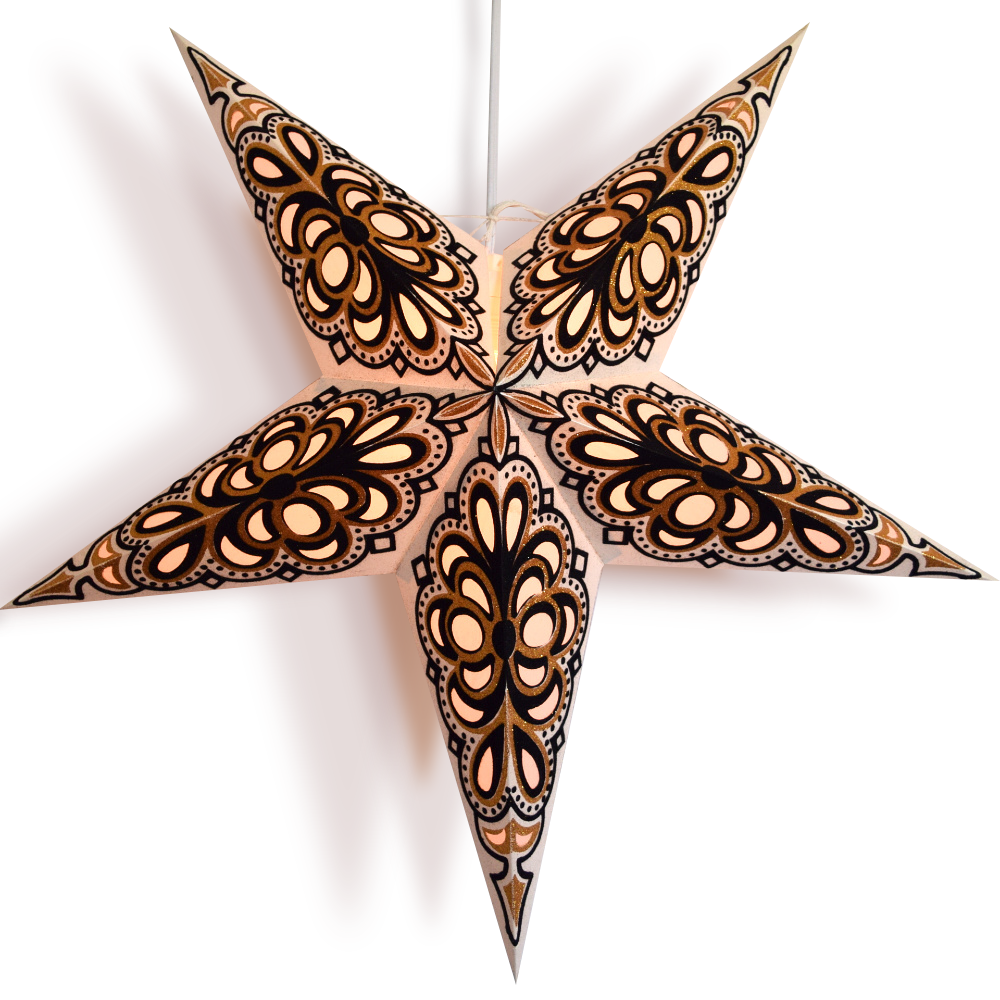 3-PACK 24&quot; White and Black Merry Gold Paper Star Lantern, with LED Bulbs and Lamp Cord Light Included