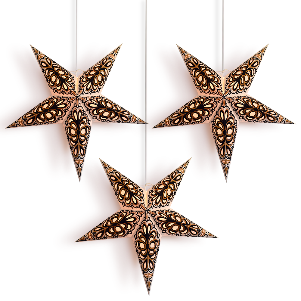 3-PACK + CORD + BULBS | 24" White and Black Merry Gold Paper Star Lantern and Lamp Cord Hanging Decoration