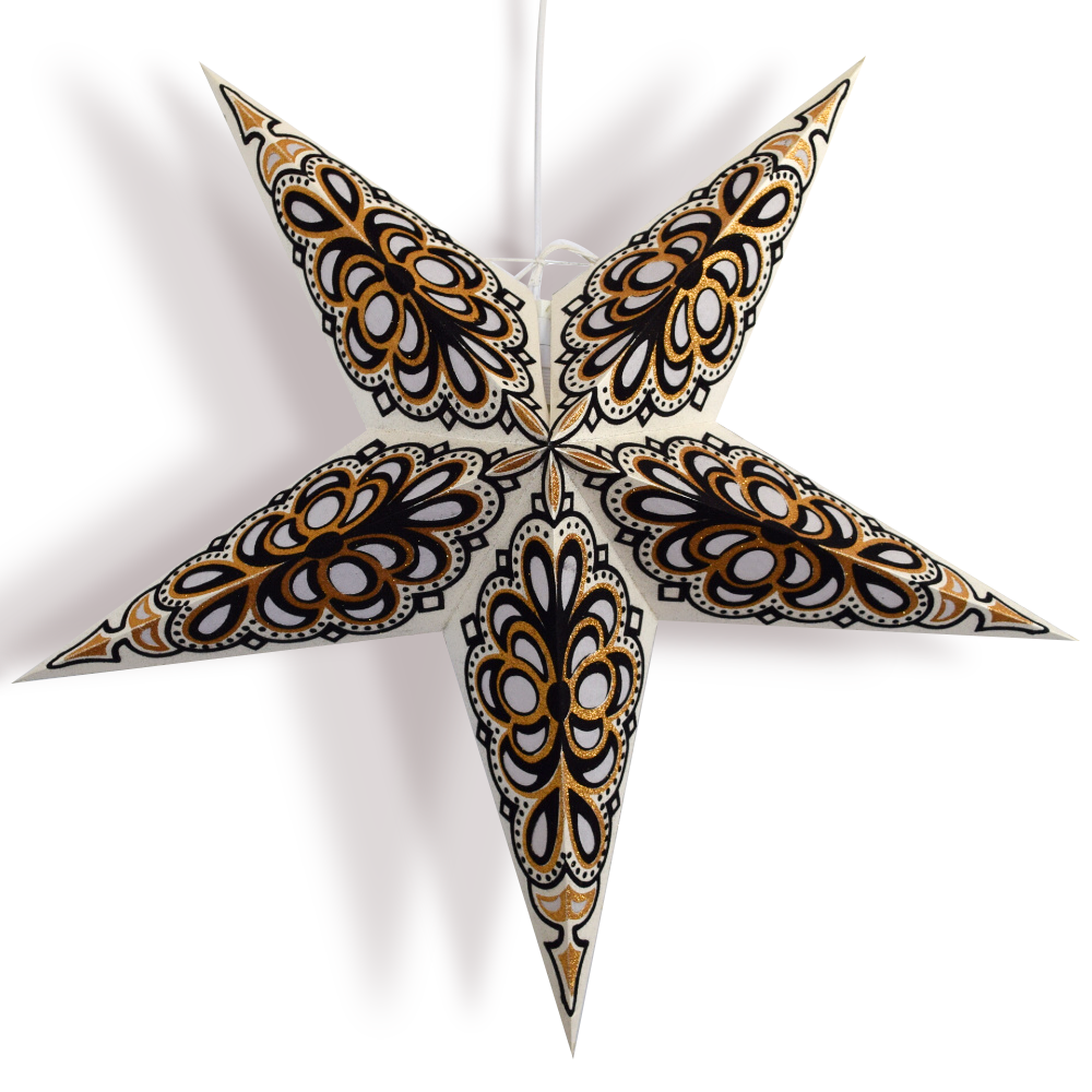 24" White and Black Merry Gold Paper Star Lantern, Hanging Wedding & Party Decoration