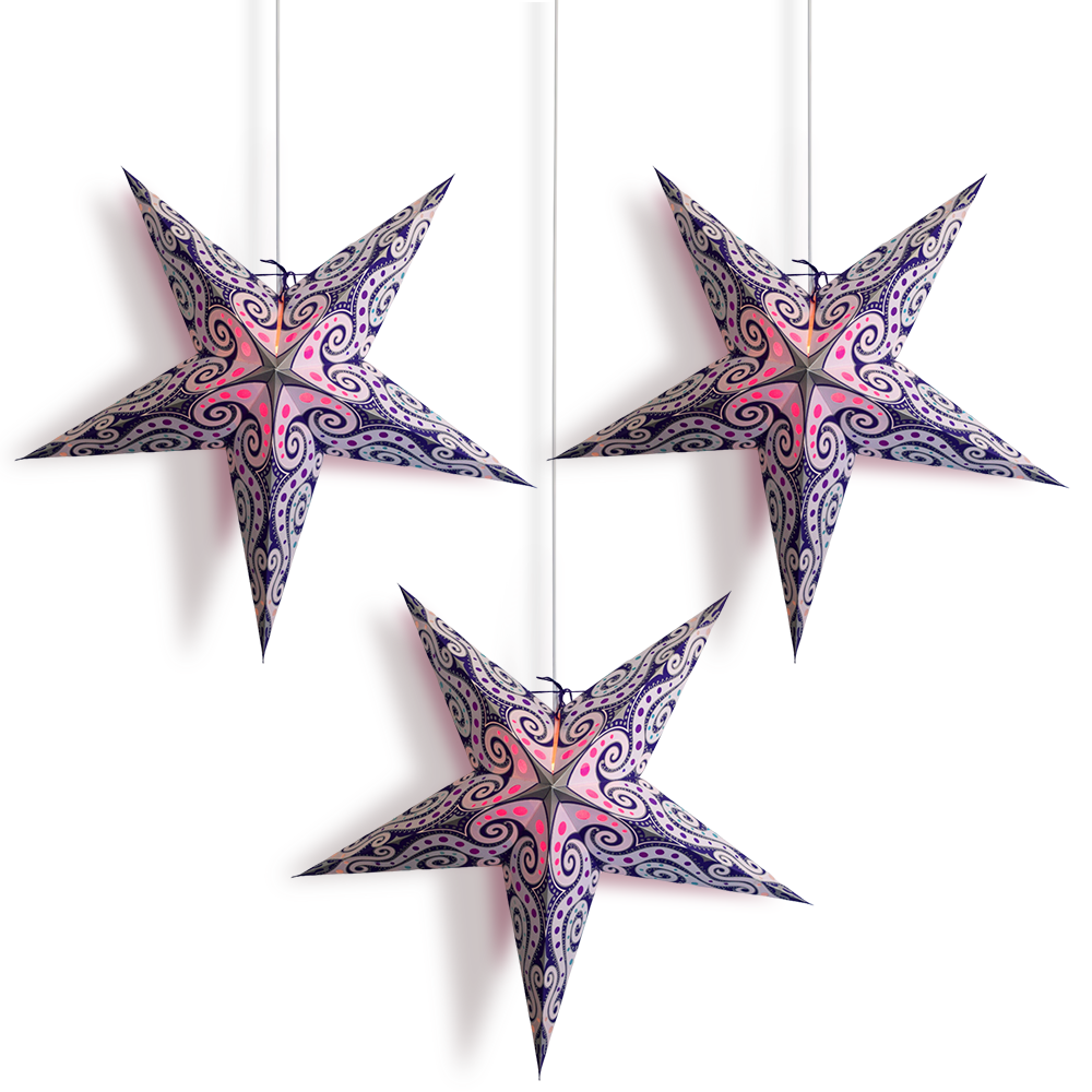 3-PACK + CORD + BULBS | Lavender Purple Mouri 24&quot; Illuminated Paper Star Lanterns and Lamp Cord Hanging Decorations