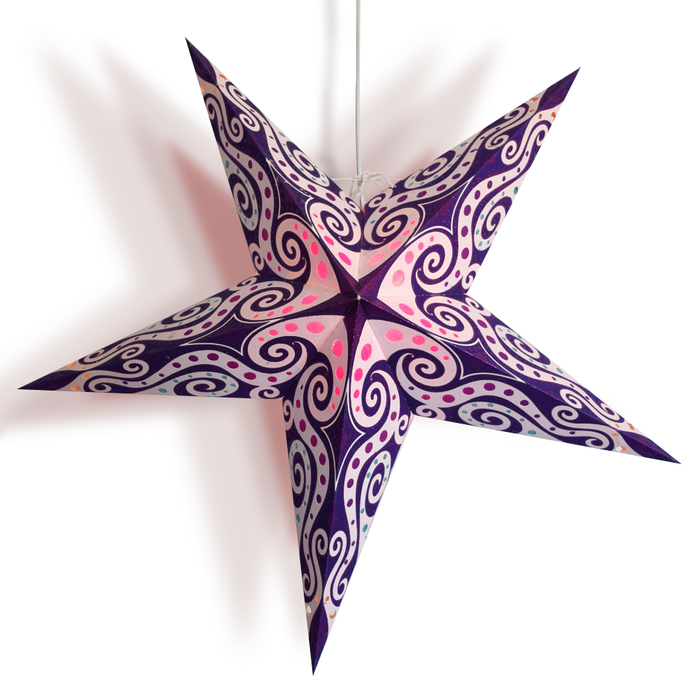 3-PACK + Cord | Purple Pink Mouri 24&quot; Illuminated Paper Star Lanterns and Lamp Cord Hanging Decorations
