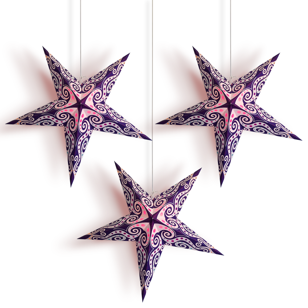 3-PACK + CORD + BULBS | Purple Pink Mouri 24&quot; Illuminated Paper Star Lanterns and Lamp Cord Hanging Decorations