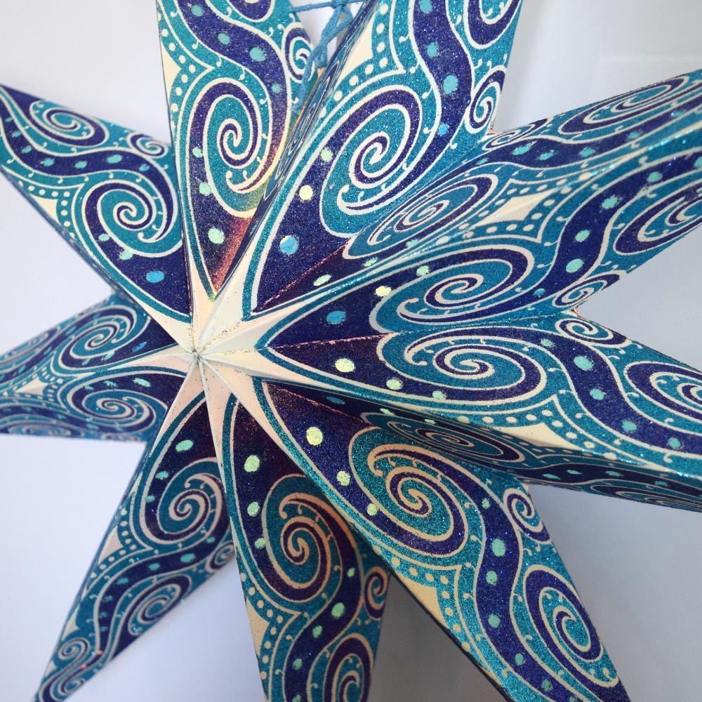 24&quot; Turquoise Blue Mouri Glitter 9-Point Paper Star Lantern, Hanging