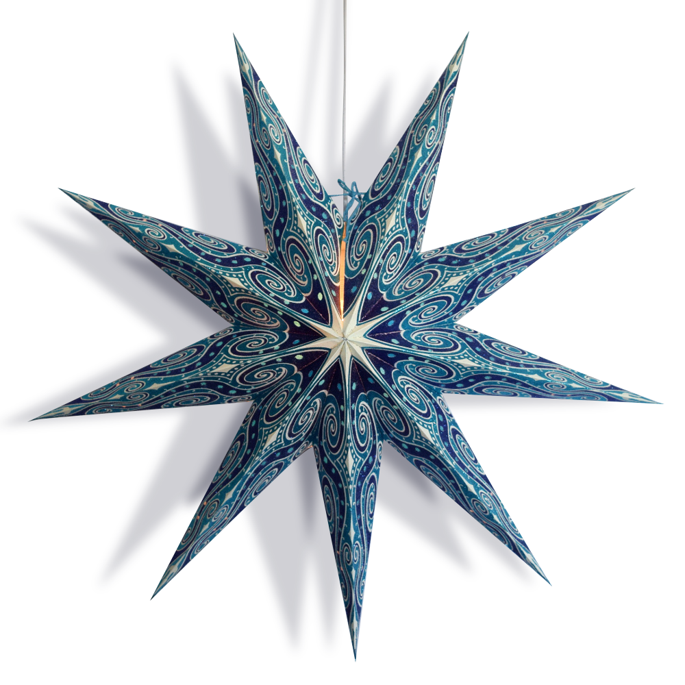 24&quot; Turquoise Blue Mouri Glitter 9-Point Paper Star Lantern, Hanging