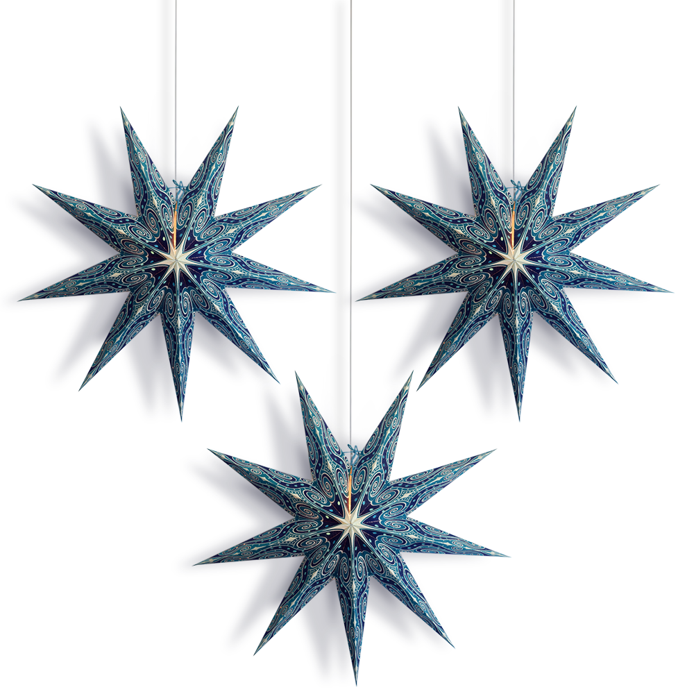 3-PACK + CORD + BULBS | Turquoise Blue Mouri Glitter 24" Illuminated 9-Point Paper Star Lanterns and Lamp Cord Hanging Decorations