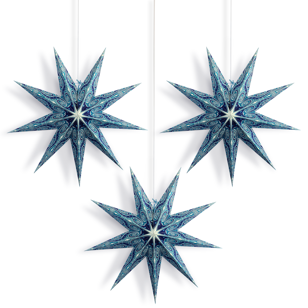 3-PACK 24&quot; Turquoise Blue Mouri Glitter Illuminated 9-Point Paper Star Lantern, with LED Bulbs and Lamp Cord Light Included