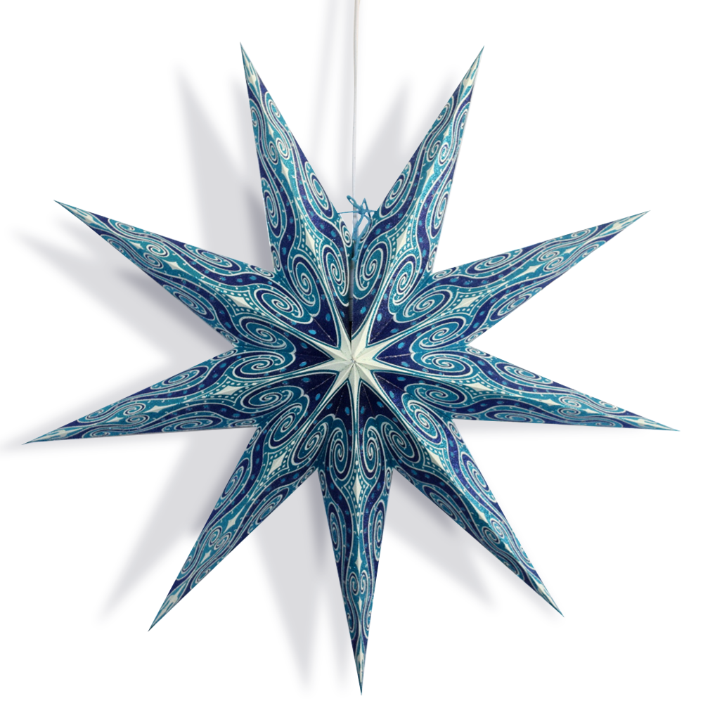 24" Turquoise Blue Mouri Glitter 9-Point Paper Star Lantern, Hanging