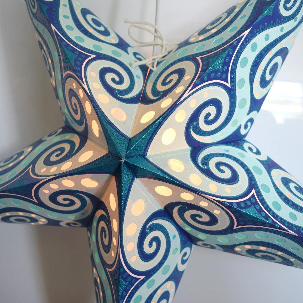 3-PACK 24&quot; Turquoise Blue Mouri Glitter Illuminated Paper Star Lantern, with LED Bulbs and Lamp Cord Light Included