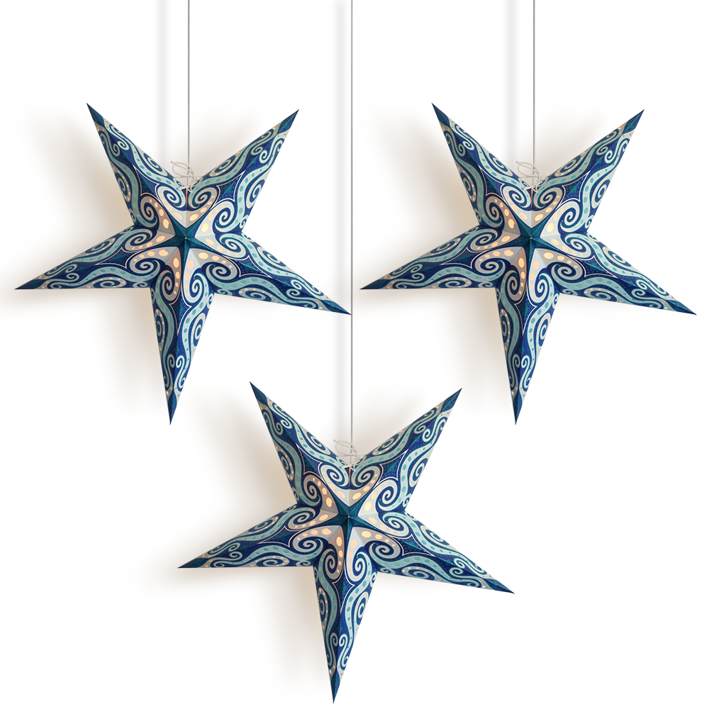 3-PACK + CORD + BULBS | Turquoise Blue Mouri Glitter 24" Illuminated Paper Star Lanterns and Lamp Cord Hanging Decorations