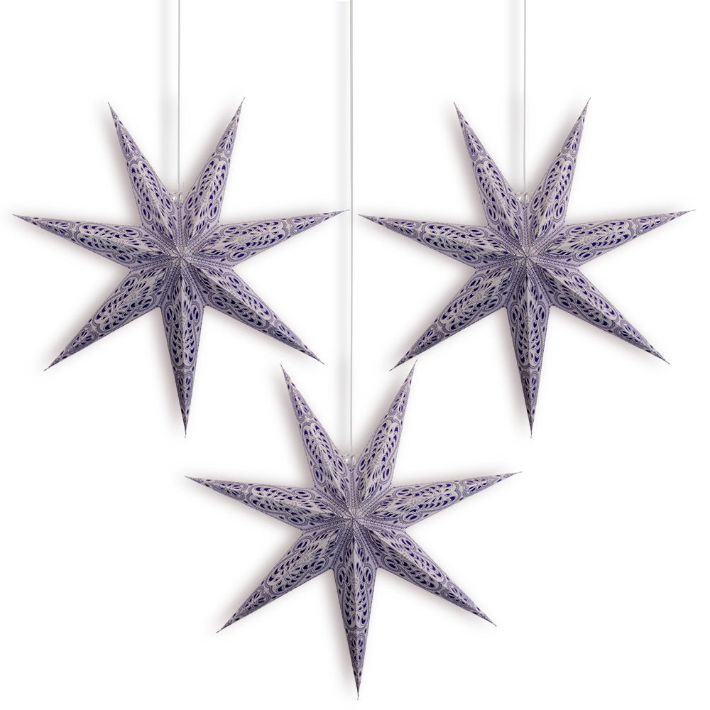3-PACK + CORD + BULBS | Purple Grey Peacock 24" Illuminated 7-Point Paper Star Lanterns and Lamp Cord Hanging Decorations