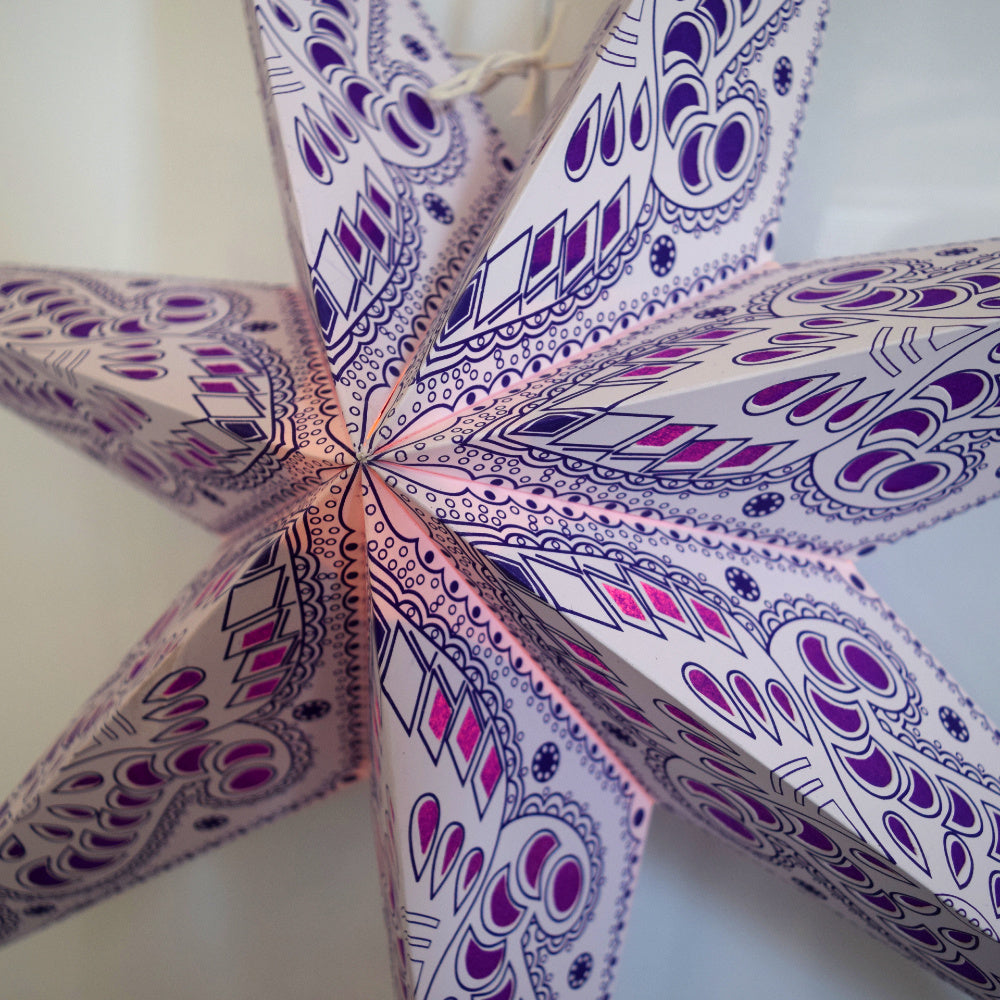 3-PACK 24&quot; Purple Grey Peacock Illuminated 7-Point Paper Star Lantern, with LED Bulbs and Lamp Cord Light Included
