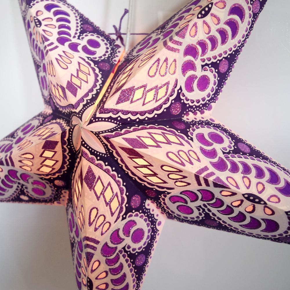 24" Purple Pink Peacock Glitter Paper Star Lantern, Hanging