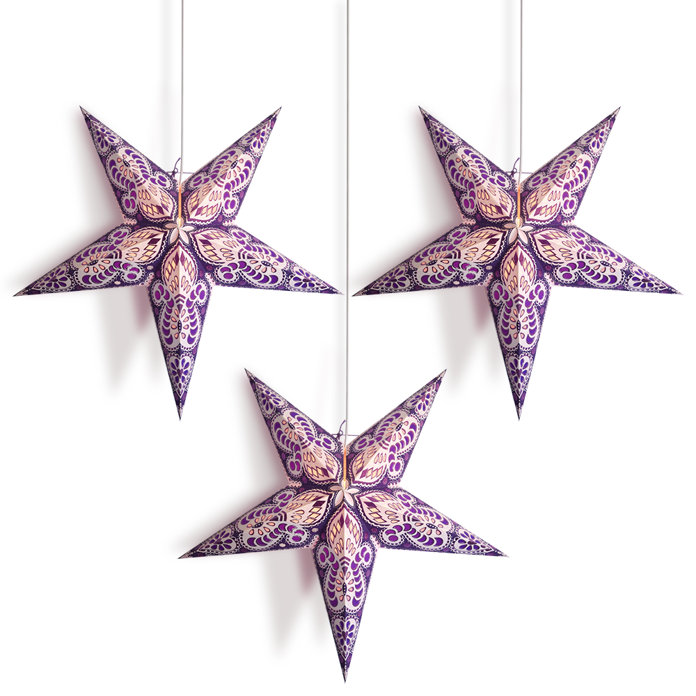 3-PACK + CORD + BULBS | Purple Pink Peacock Glitter 24&quot; Illuminated Paper Star Lanterns and Lamp Cord Hanging Decorations