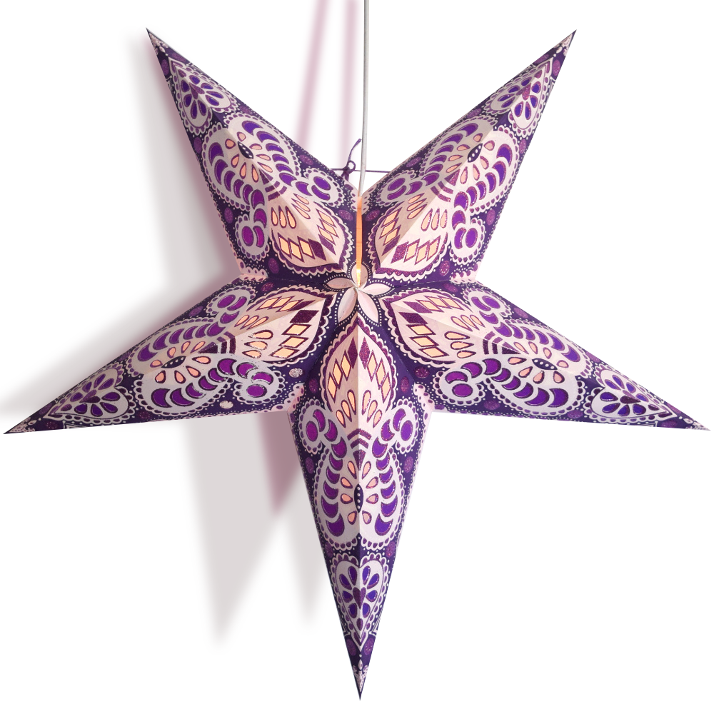 3-PACK + Cord | Purple Pink Peacock Glitter 24&quot; Illuminated Paper Star Lanterns and Lamp Cord Hanging Decorations