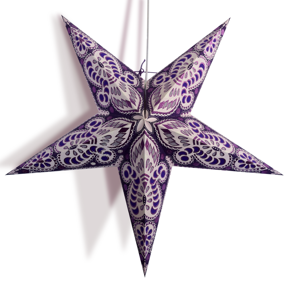 24" Purple Pink Peacock Glitter Paper Star Lantern, Hanging