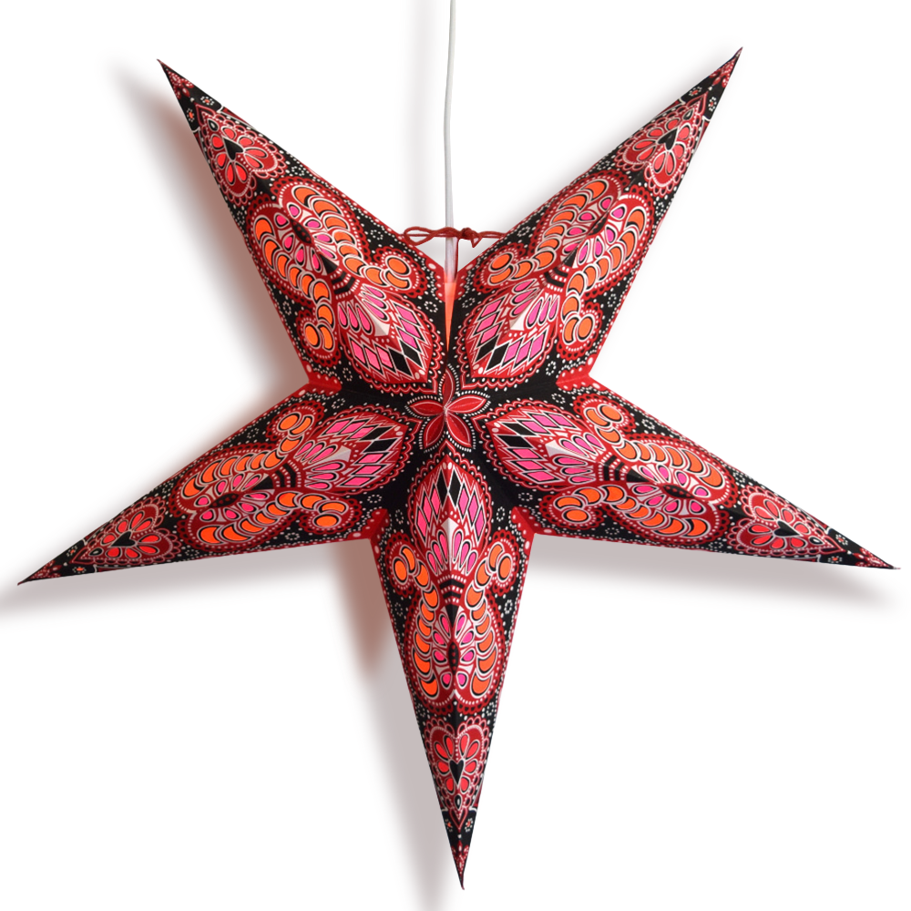 3-PACK 24&quot; Red Black Peacock Illuminated Paper Star Lantern, with LED Bulbs and Lamp Cord Light Included