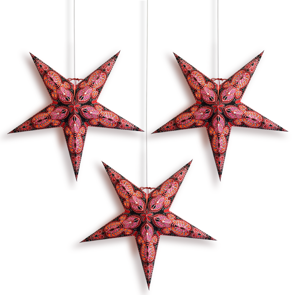 3-PACK + CORD + BULBS | Red Black Peacock 24" Illuminated Paper Star Lanterns and Lamp Cord Hanging Decorations