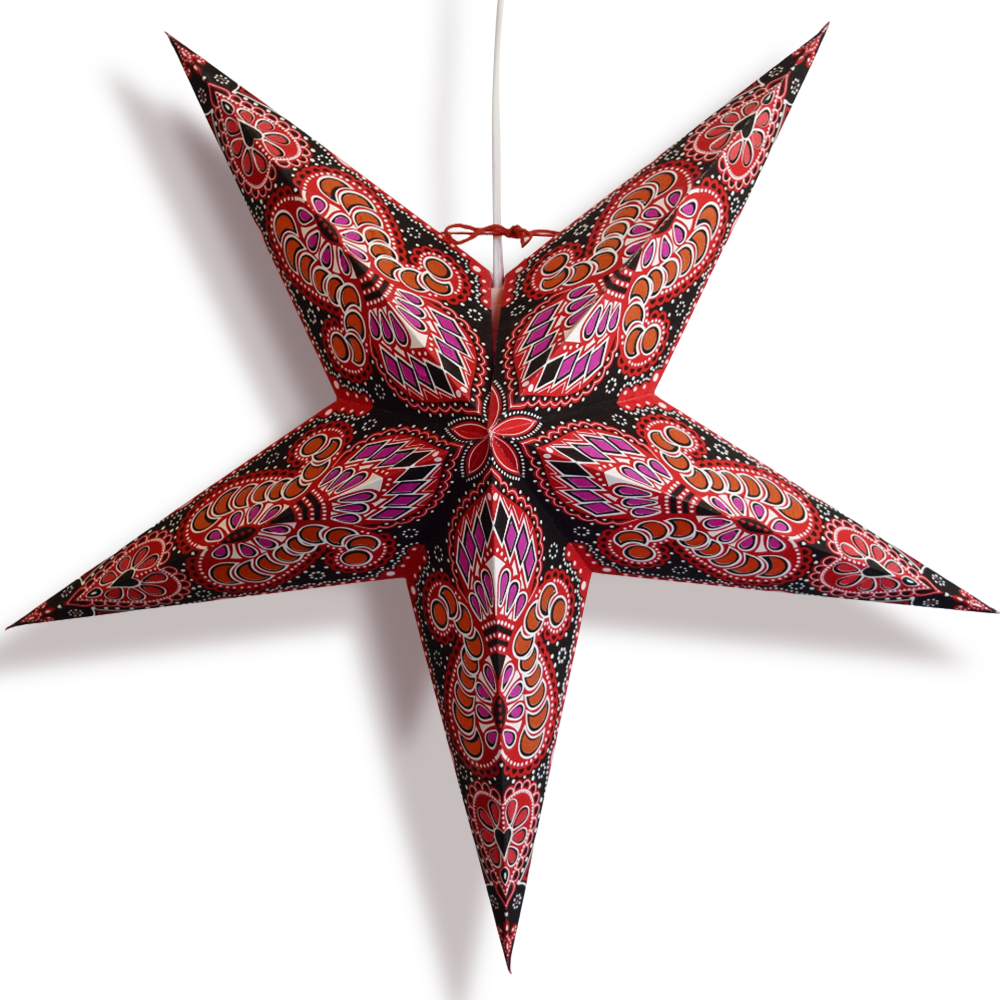 24" Red Black Peacock Paper Star Lantern, Hanging