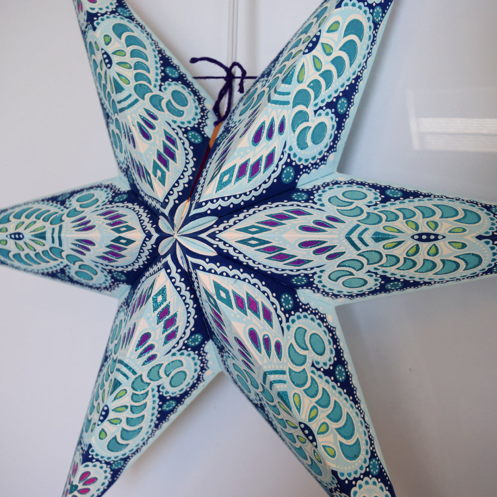 3-PACK 24&quot; Turquoise Blue Peacock Glitter Illuminated 6-Point Paper Star Lantern, with LED Bulbs and Lamp Cord Light Included