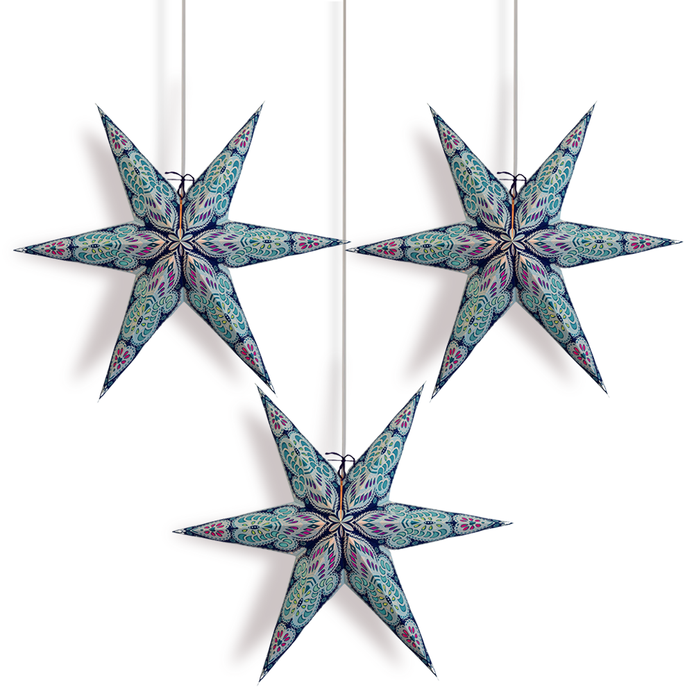 3-PACK + CORD + BULBS | Turquoise Blue Peacock Glitter 24" Illuminated 6-Point Paper Star Lanterns and Lamp Cord Hanging Decorations
