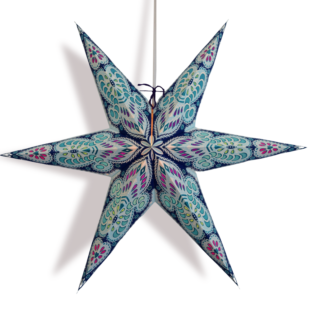 3-PACK 24&quot; Turquoise Blue Peacock Glitter Illuminated 6-Point Paper Star Lantern, with LED Bulbs and Lamp Cord Light Included