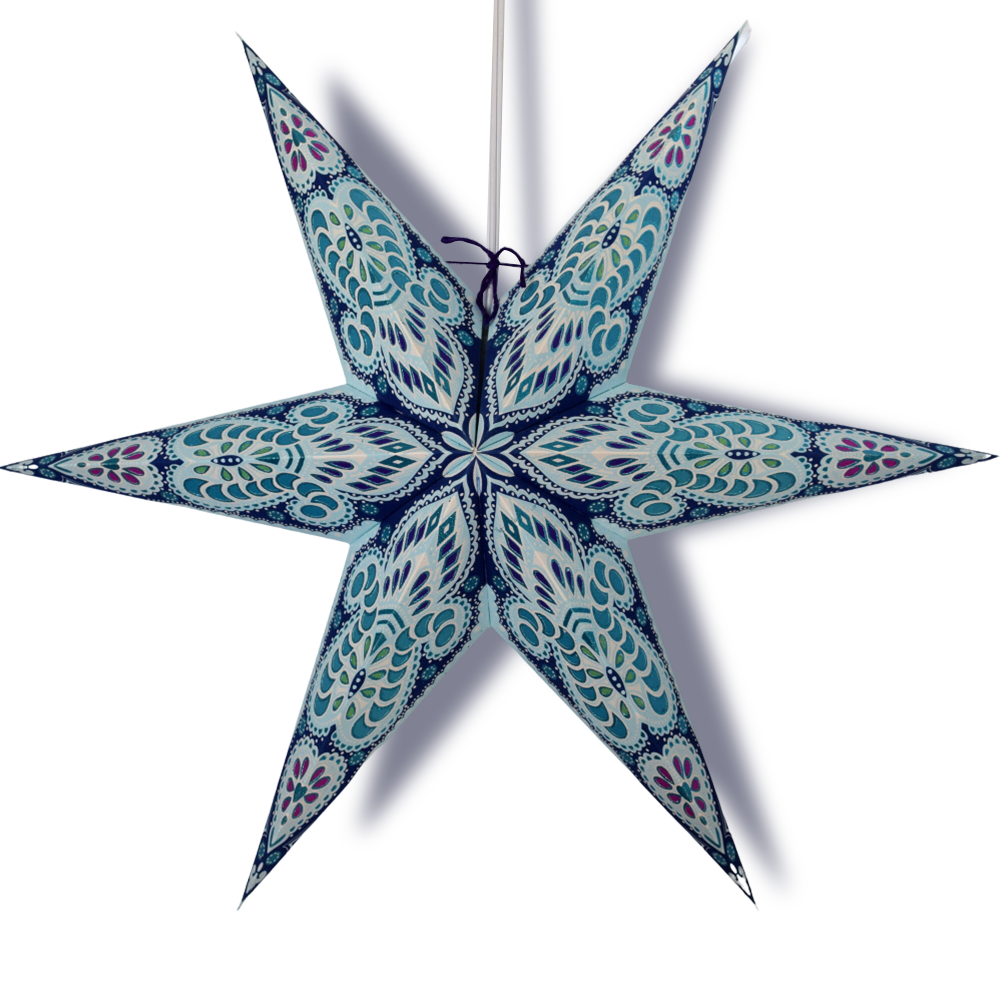 24&quot; Turquoise Blue Peacock Glitter 6-Point Paper Star Lantern, Hanging