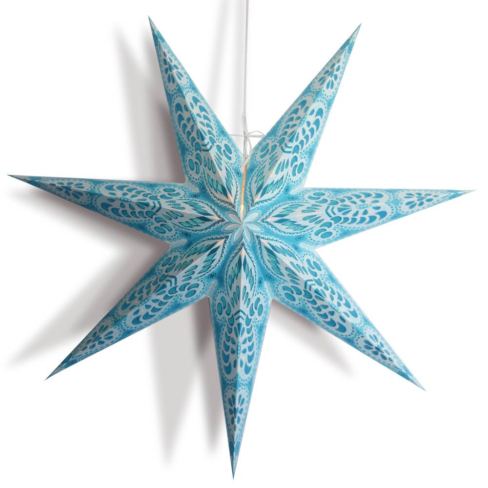 3-PACK + Cord | Turquoise Blue Peacock 24&quot; Illuminated 7-Point Paper Star Lanterns and Lamp Cord Hanging Decorations